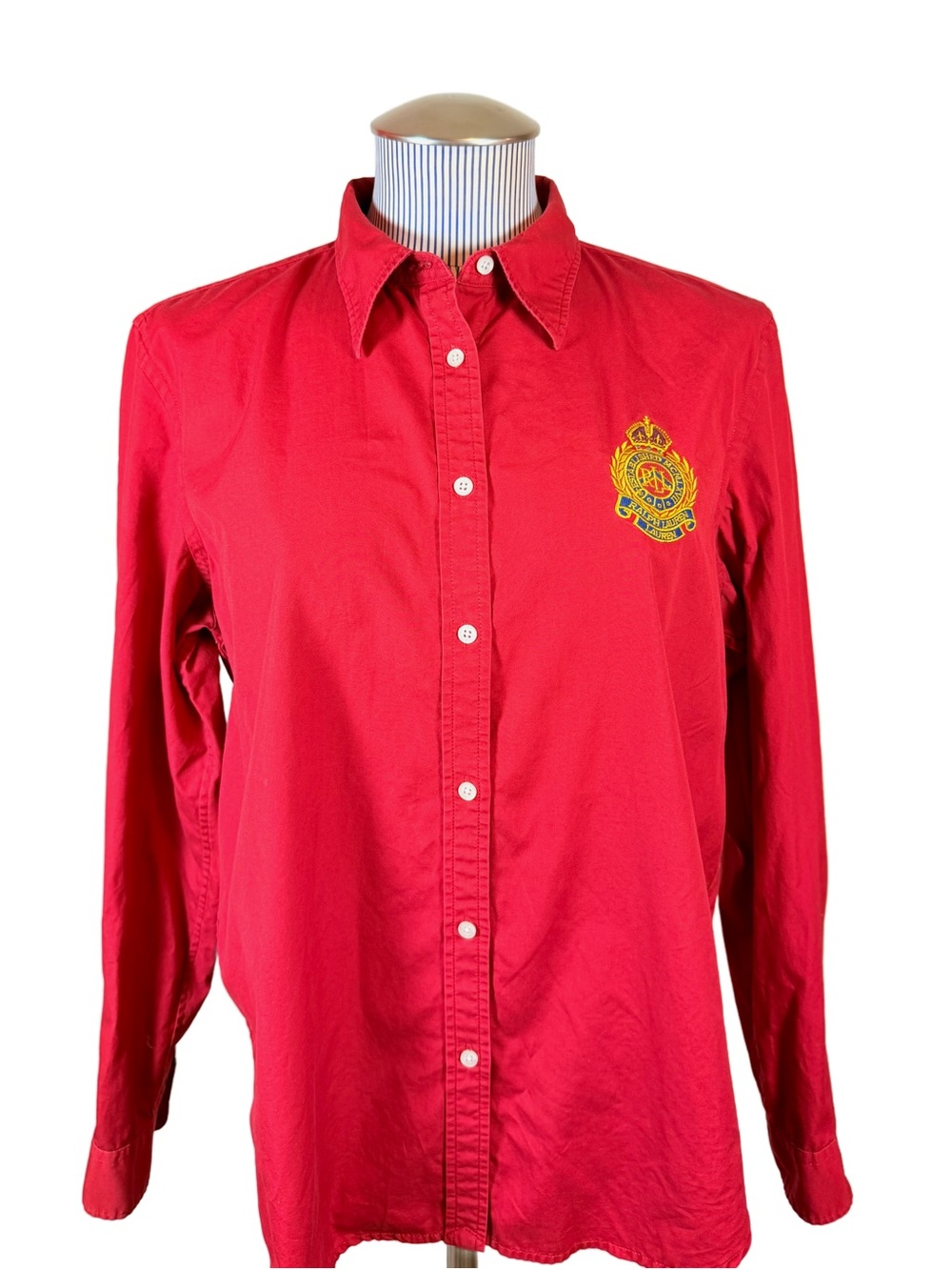 Lauren Ralph Lauren Red Crest Button Up Shirt Womens Large L Preppy Gold Logo